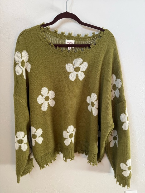 Hayden Sweaters - Hayden Green Floral Distressed Sweater